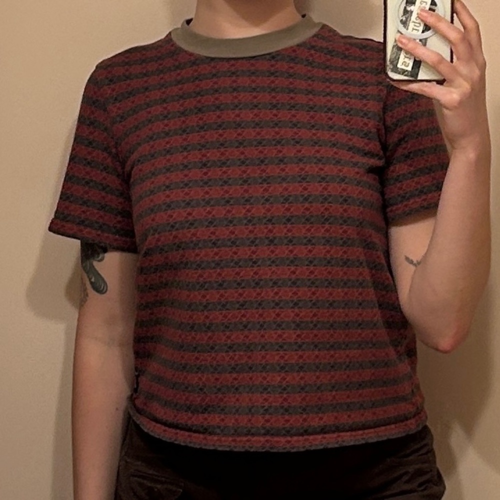 red and grey striped stussy shirt